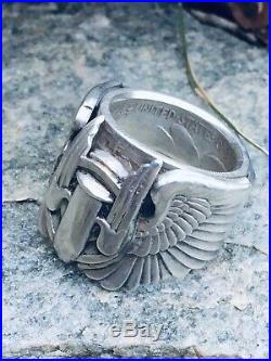 1943 WW2 US ARMY PIN COIN Ring Silver AIR FORCE Gunner Combat Wings Corp Biker