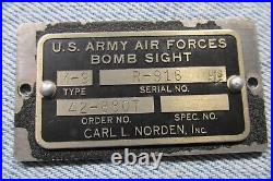 Carl Norden U. S. Army Air Forces M-9 Bomb Sight NAME PLATE s/n R-916 Ord 42-8807