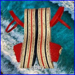 Gucci GG Red Sandals Slides Wedge Crochet Pearl Lilibeth Womens Size EU 38 US 8