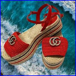 Gucci Wedge GG Red Sandals Slides Crochet Pearl Lilibeth Womens Size EU 38 US 8