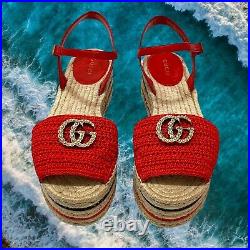 Gucci Wedge GG Red Sandals Slides Crochet Pearl Lilibeth Womens Size EU 38 US 8