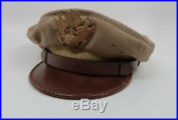 NAMED WW2 US Army military visor cap hat Officer Air Force Corp tan THEATER MADE