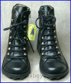 Nib Fly London Women Leather Black Rug Combat Boots Euro 41- Us 10m