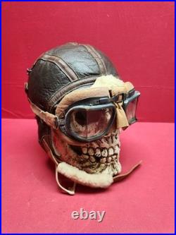 Original WWII US Army Air Force Type B-6 Medium Leather Flight Helmet W Goggles