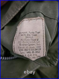 U. S. Air Force Army Overcoat Parka M-47 (1951 Dated) Sz Small OG Green With Belt