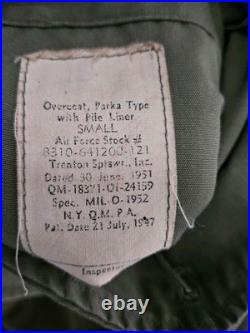 U. S. Air Force Army Overcoat Parka M-47 (1951 Dated) Sz Small OG Green With Belt