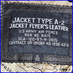 US Army Air Force Type A-2 Flyer's Flight Bomber Jacket Sz XL Black Leather VTG