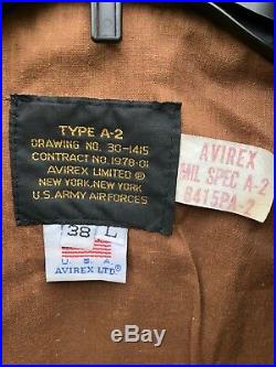 Us Army Air Force 1978 Avirex Flyers Men's Leather Type A-2 Flight Jacket 38l