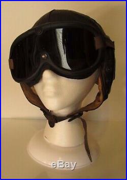Vintage WWII US Army Air Force Pilot Leather Flight Helmet A11 with Goggles XL