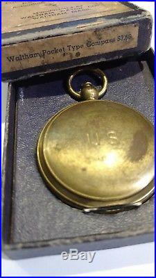 Vintage Waltham Ww II Us Army Air Force Brass Pocket Compass With Box 9117