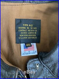Vtg Avirex Ltd Leather Bomber Jacket Type A2 US Army Air Force Brown Goatskin 46
