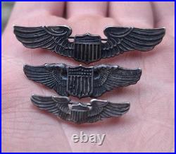 Vtg US Army Air Corps WW2 Air Force Sterling Silver Pilot Wings Pin Badges Lot 3