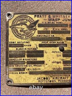 WW2 USAAF US Army Air Force Pratt & Whitney Wasp Junior Engine Data Plate Tag
