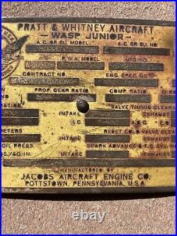 WW2 USAAF US Army Air Force Pratt & Whitney Wasp Junior Engine Data Plate Tag