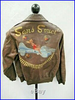 WWII A-2 US Army Air Force Flight Bomber Jacket Art Painted Sans Souci Back