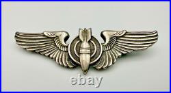WWII US Army Air Force Sterling Silver Full Size 3 Bombardier Wings Pin Back