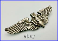 WWII US Army Air Force Sterling Silver Full Size 3 Bombardier Wings Pin Back