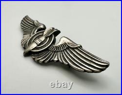 WWII US Army Air Force Sterling Silver Full Size 3 Bombardier Wings Pin Back