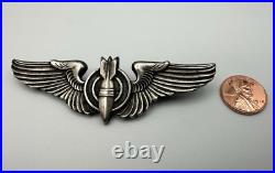 WWII US Army Air Force Sterling Silver Full Size 3 Bombardier Wings Pin Back