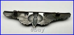 WWII US Army Air Force Sterling Silver Full Size 3 Bombardier Wings Pin Back