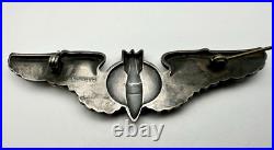 WWII US Army Air Force Sterling Silver Full Size 3 Bombardier Wings Pin Back