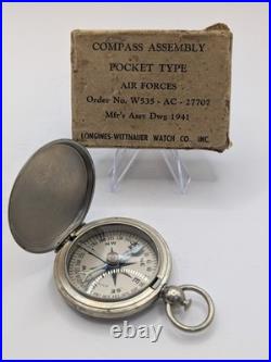 WWII US Army Air Forces Pocket Compass 1941 Longines Wittnauer with Box Original